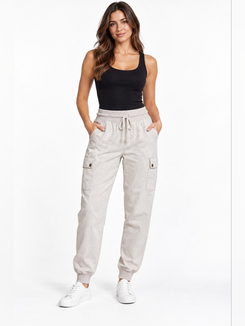 Women's Neutral Cargo Joggers with Drawstring Waist
